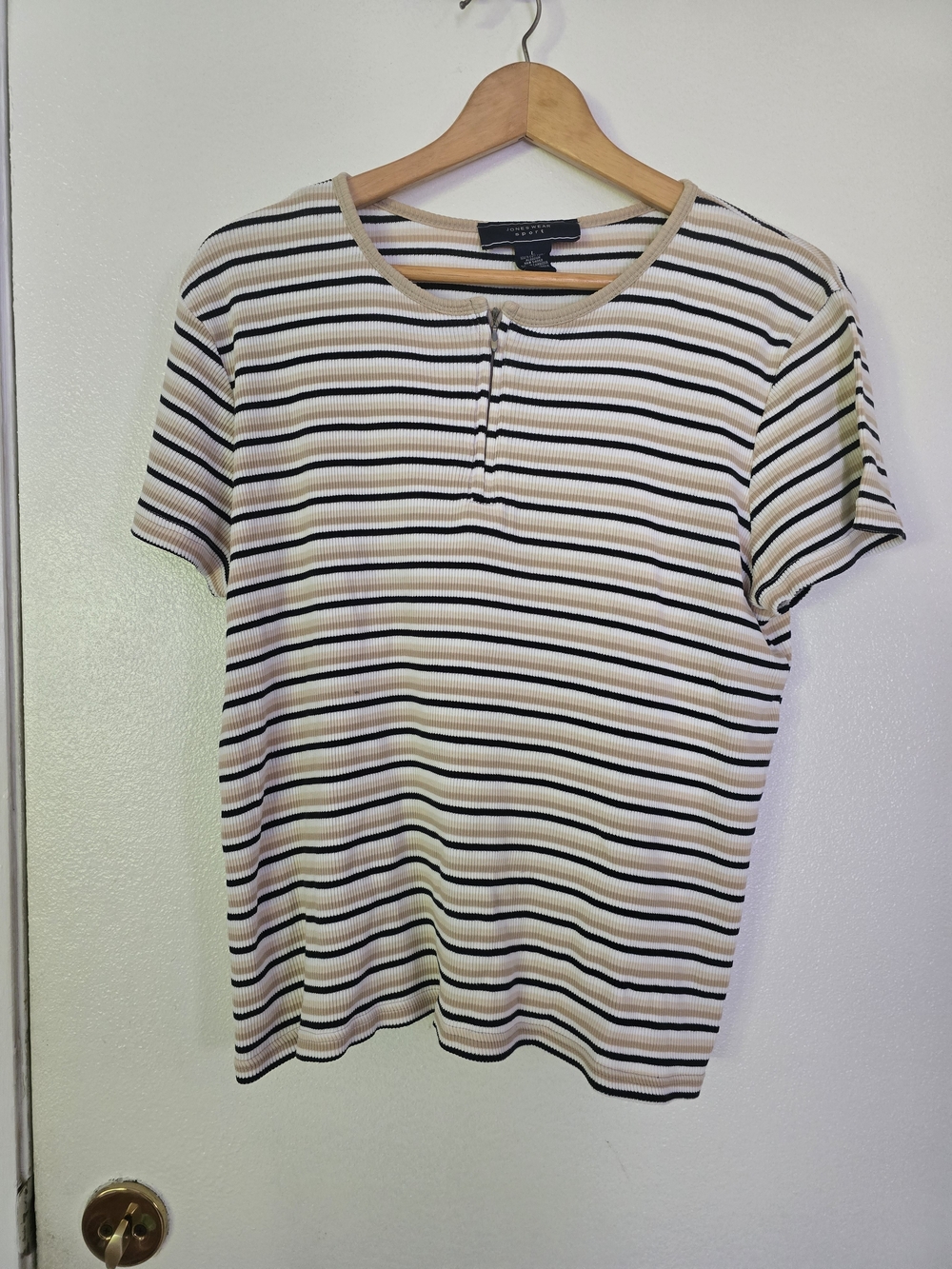 90s Jones Wear Cream, Black & Tan Striped Short Sleeve Top